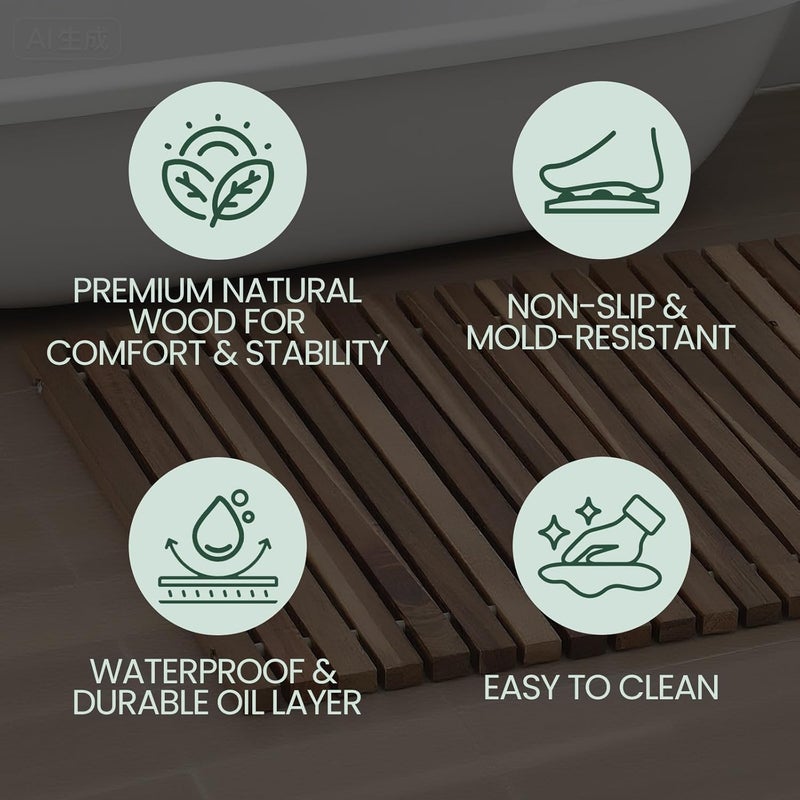 DoubleFill Teak Wood Bath Mat, 30" x 30" Teak Shower and Bath Mat for Indoor and Outdoor Use, Non Slip Rollable Wooden Platform for Sauna, Pool, Bathtub, Hot Tub Flooring Decor and Protector - Image 3